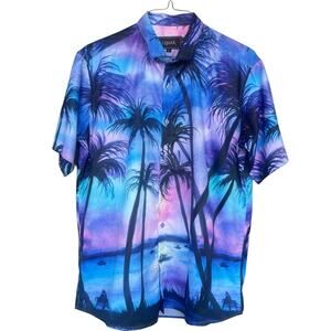 ELMAR Shirt Mens Large Blue Purple Tropical Hawaiian Aloha Palm Tree Button Down
